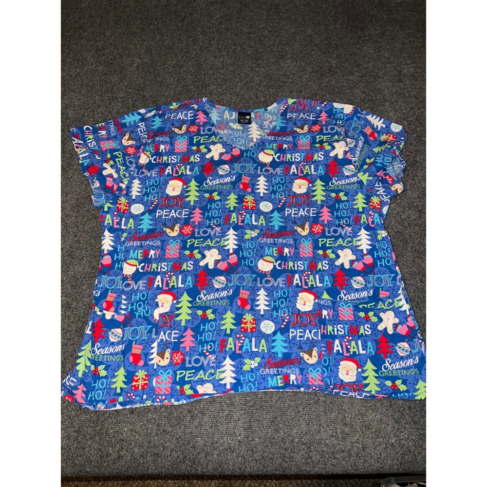 Zoe + Chloe Christmas Scrub Top Womens 3XL Blue Holiday Santa Cotton V-Neck